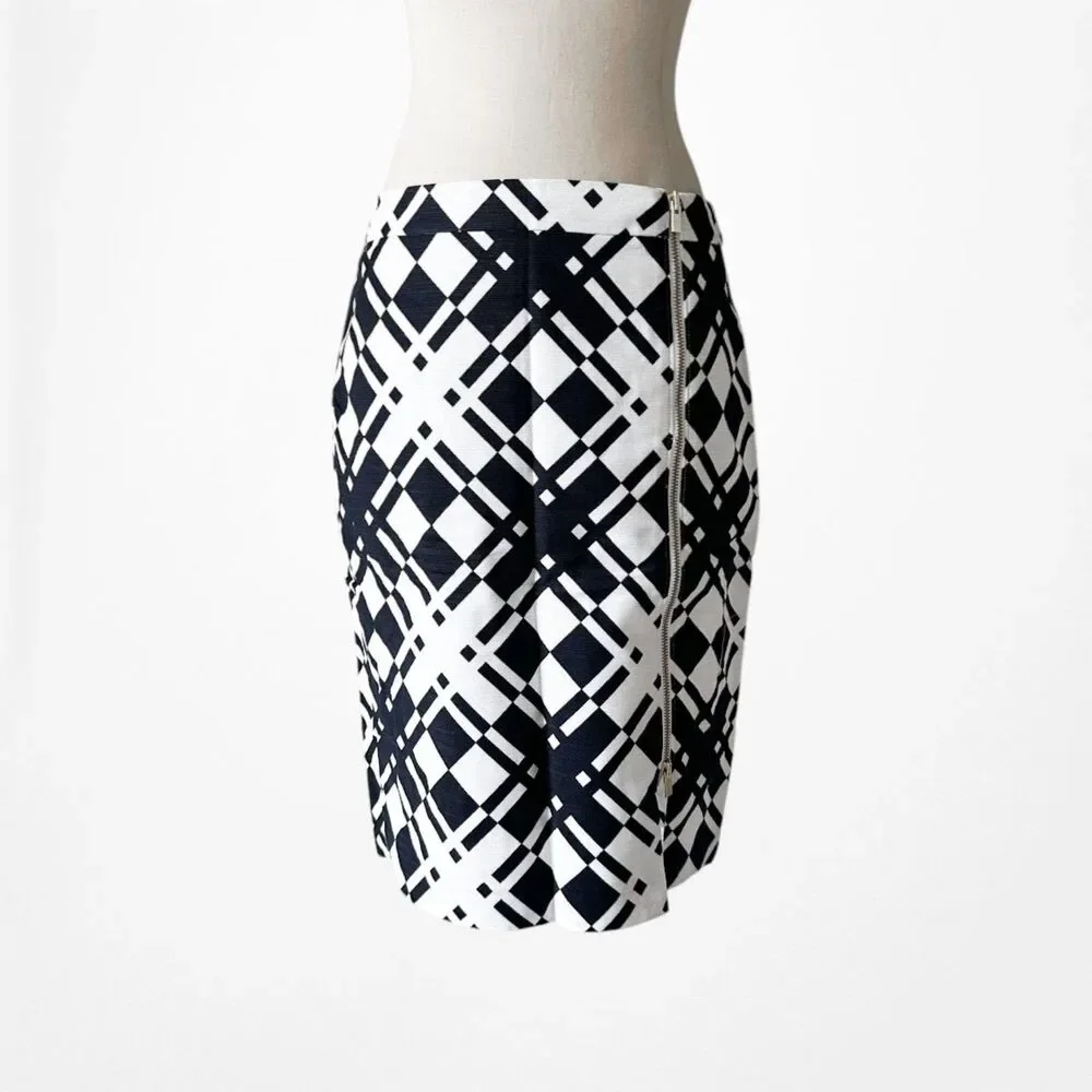 Vintage Y2K White Blue Zipper Detail Knee Length Bodycon Pencil Skirt Size S/M